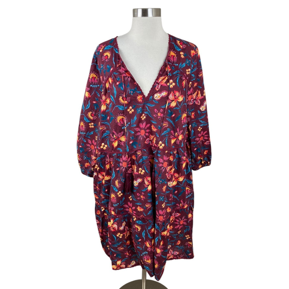 Sundance Catalog PXL Burgundy Floral Tiered Boho Tassel Dress Flowing w/ Pockets